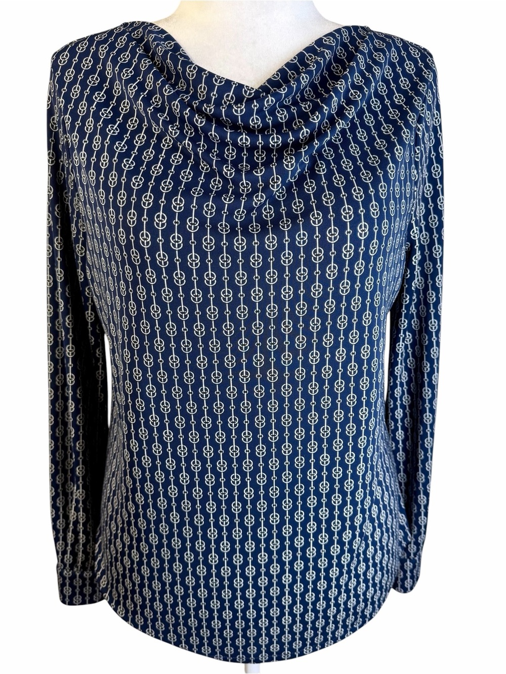Ann Taylor Navy White Chain-Print Cowl Neck Blouse Size L